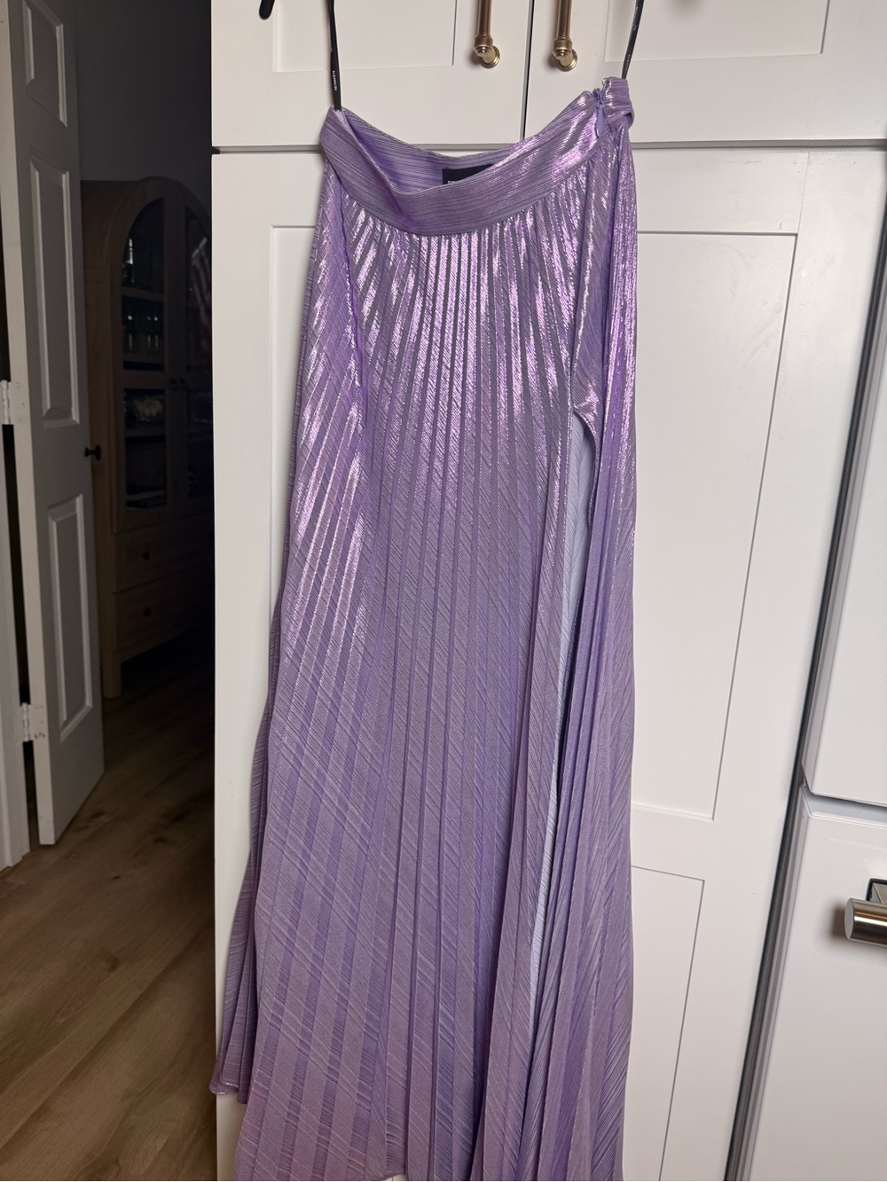 Retrofete Metallic Lavender Pleated Maxi Skirt with High Slit HEMMED 3 inches - Picture 6 of 7